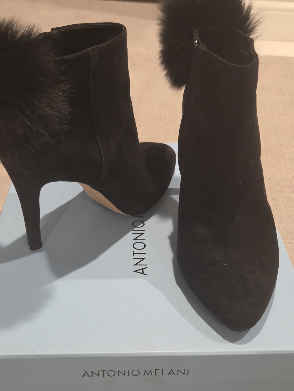 ANTONIO MELANI Black Suede Faux Fur Trim Pointed Ankle Booties